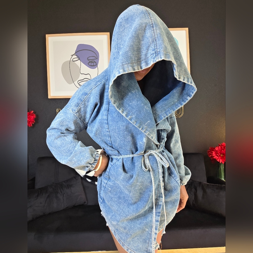 Denim Hooded Jacket with Belt